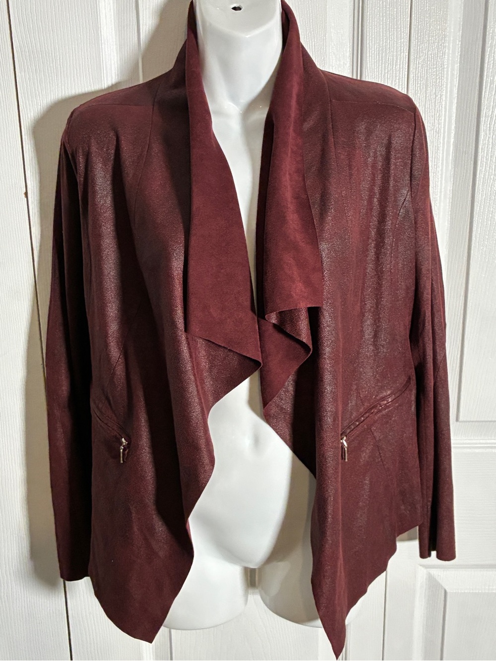 Worthington Burgundy Faux Suede Waterfall Drape Jacket Open Front Small